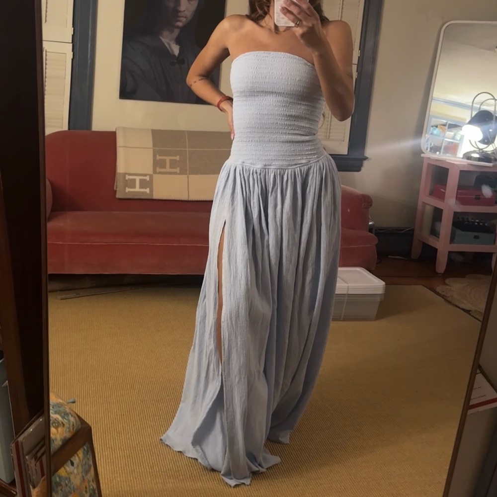 NWT Meshki ‘Maureen’ powder blue cotton shirring strapless maxi dress - Picture 14 of 16